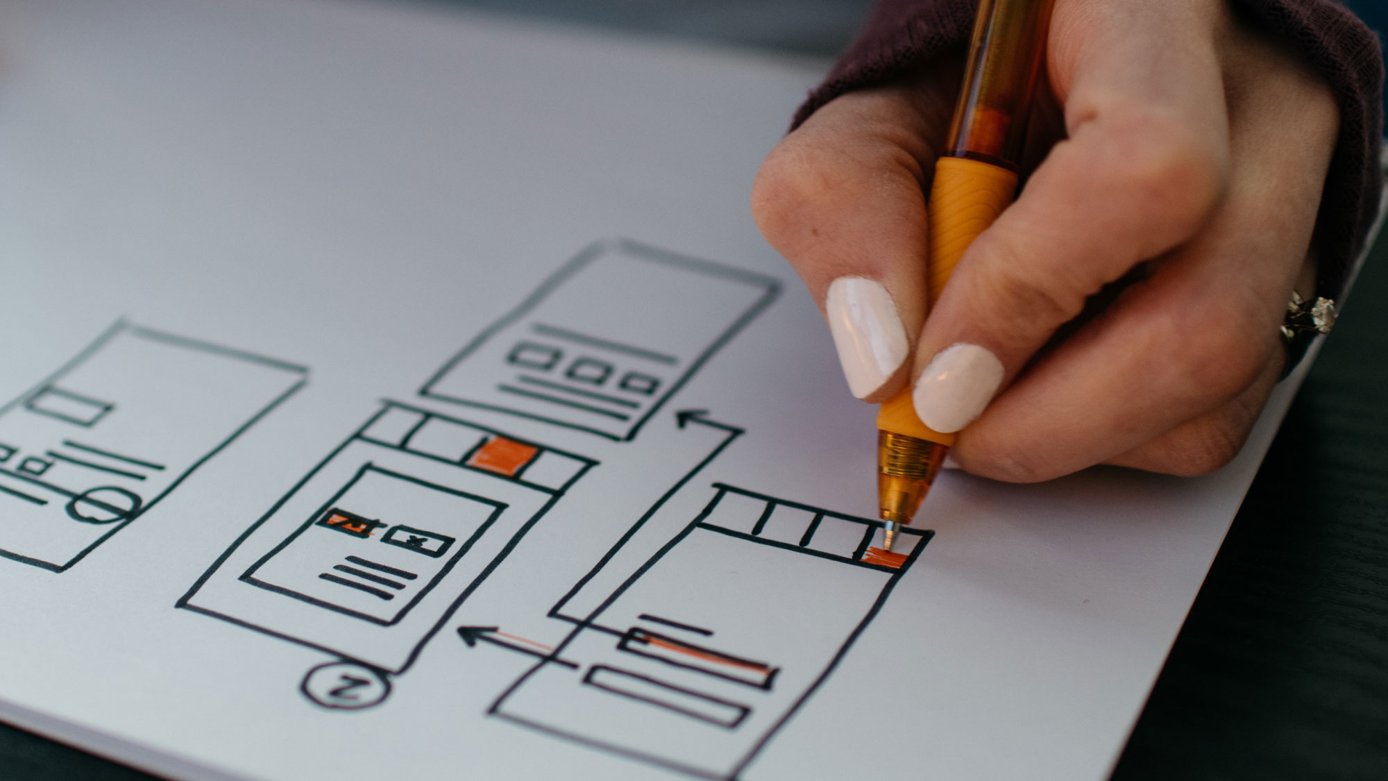 Hand sketching wireframes and prototypes for a client software product design.